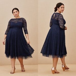 Torrid SPECIAL OCCASION NAVY LACE MIDI DRESS Scalloped high neck Lace illusion